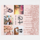 21歳の誕生日写真バラ金ゴールドグリッター赤面ピンク フリースブランケット (正面(横))