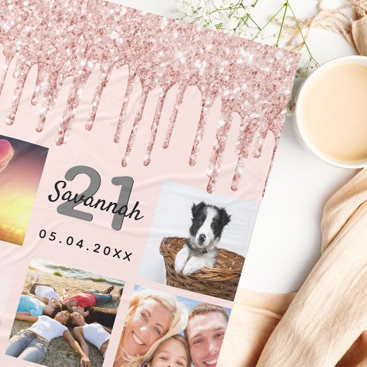 21歳の誕生日写真バラ金ゴールドグリッター赤面ピンク フリースブランケット