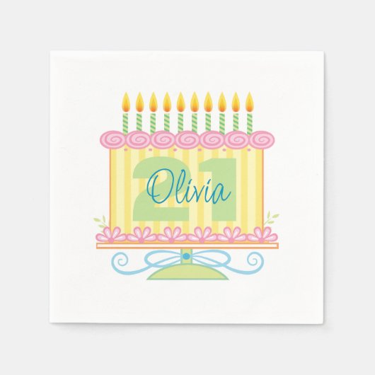21歳の誕生日名前をカスタムするフローラケーキナプキン スタンダードカクテルナプキン (正面)