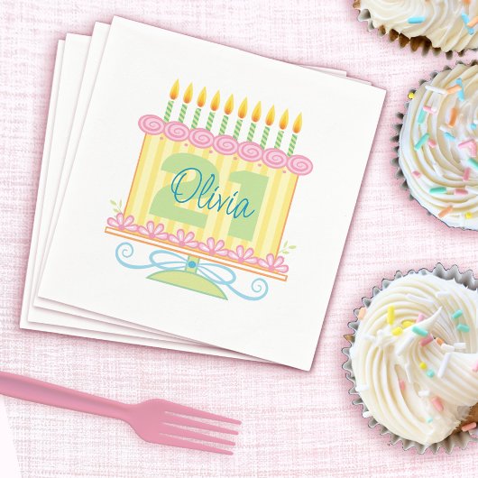 21歳の誕生日名前をカスタムするフローラケーキナプキン スタンダードカクテルナプキン