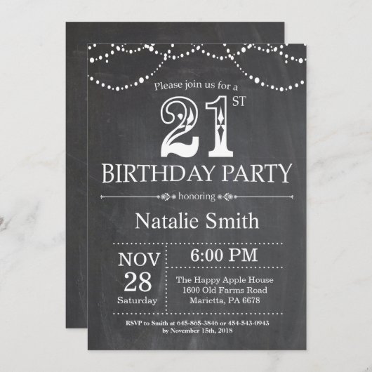 21歳の誕生日招待状の黒板のストリングライト 招待状 (正面/裏面)