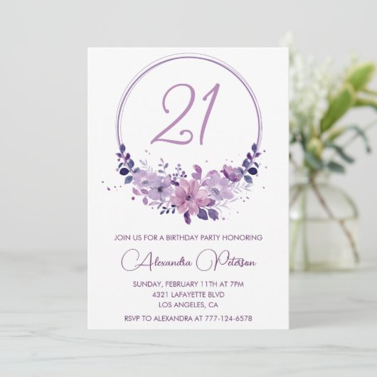 21歳の誕生日招待状エレガントボホパープル 招待状 (スタンド正面)