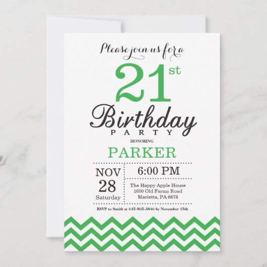 21歳の誕生日招待状グリーンシェブロン 招待状 (正面)