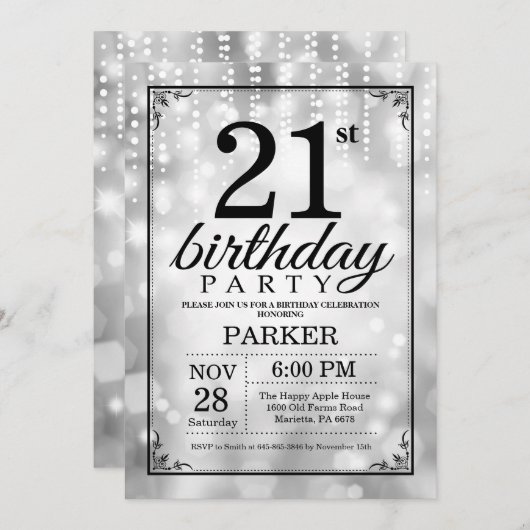 21歳の誕生日招待状シルバーグリッター 招待状 (正面/裏面)