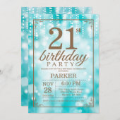 21歳の誕生日招待状ティール（緑がかった色）と金ゴールドグリッター 招待状 (正面/裏面)