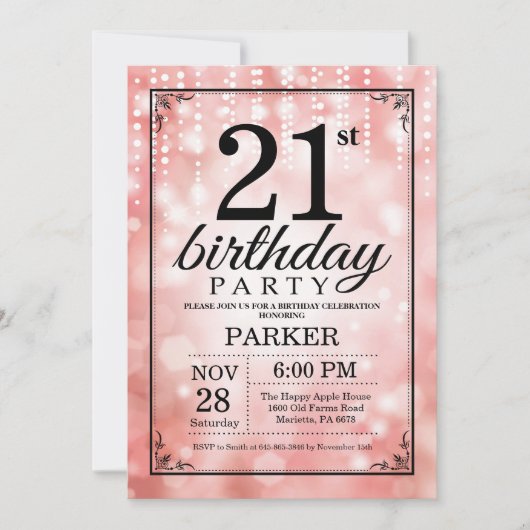 21歳の誕生日招待状ピンクグリッター 招待状 (正面)