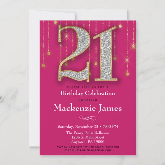 21歳の誕生日招待状ピンク金ゴールドダイヤモンド大人 招待状 (正面)