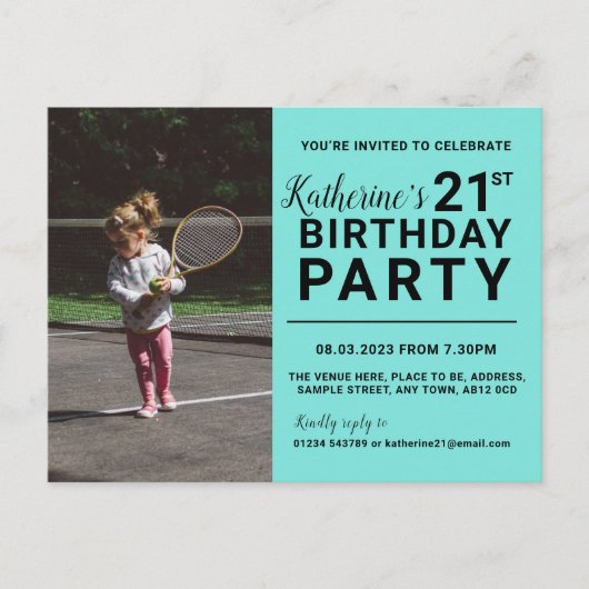 21歳の誕生日招待状フォトカードシアン ポストカード (正面)