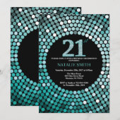 21歳の誕生日招待状ブラック&ティール（緑がかった色）グリッター 招待状 (正面/裏面)