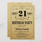 21歳の誕生日招待状ブラック&金ゴールドグリッター 招待状 (正面/裏面)