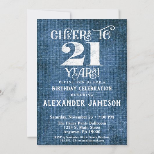 21歳の誕生日招待状ブルーリネン素朴応援 招待状 (正面)