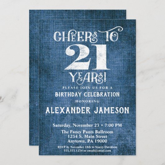 21歳の誕生日招待状ブルーリネン素朴応援 招待状 (正面/裏面)