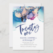21歳の誕生日招待状ブルー抽象芸術水彩 招待状 (正面)