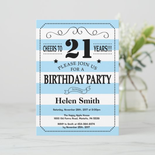 21歳の誕生日招待状ブルー&ホワイトストライプズ 招待状 (スタンド正面)