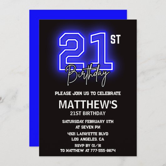 21歳の誕生日招待状メンズスポーツネオン 招待状 (正面/裏面)