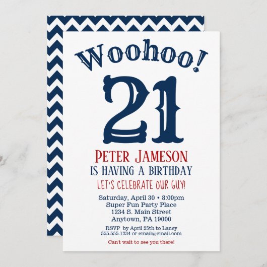 21歳の誕生日招待状メンズネイビーブルー 招待状 (正面/裏面)