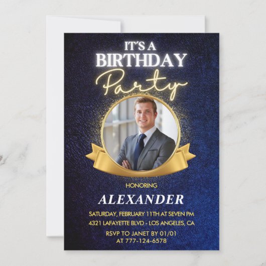 21歳の誕生日招待状メンズバッジフォト金ゴールド 招待状 (正面)