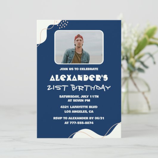 21歳の誕生日招待状メンズ写真シンプルブルー 招待状 (スタンド正面)