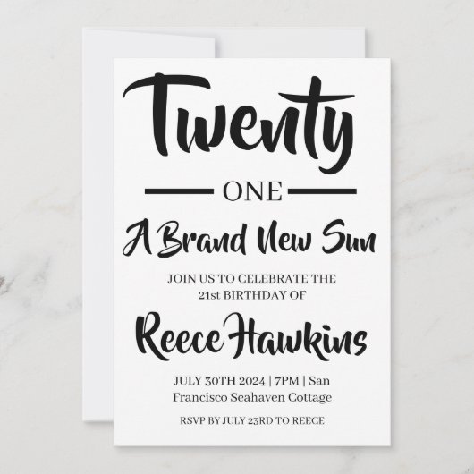 21歳の誕生日招待状モダン白黒 招待状 (正面)