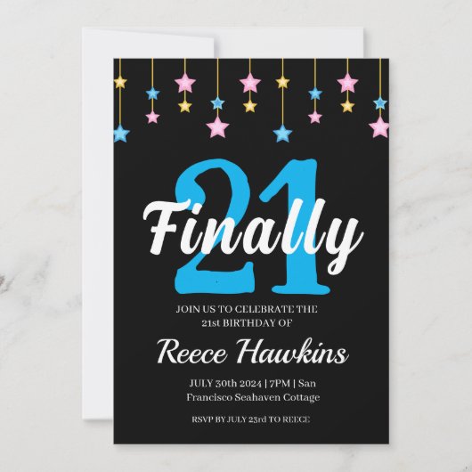 21歳の誕生日招待状モダン白黒 招待状 (正面)