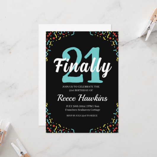 21歳の誕生日招待状モダン白黒 招待状 (正面/裏面インサイチュ)