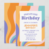 21歳の誕生日招待状レトロ波状波状 招待状 (正面/裏面)