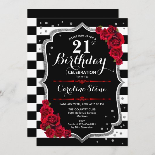 21歳の誕生日招待状白黒ストライプバラ 招待状 (正面/裏面)