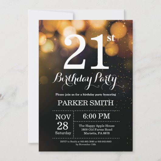 21歳の誕生日招待状金ゴールドグリッター 招待状 (正面)