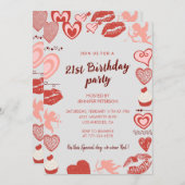 21歳の誕生日招待状 グレー レッド ハーツ 招待状 (正面/裏面)