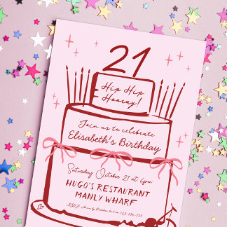 21歳の誕生日招待状 コケット ピンクのリボン パーティーケーキ 招待状