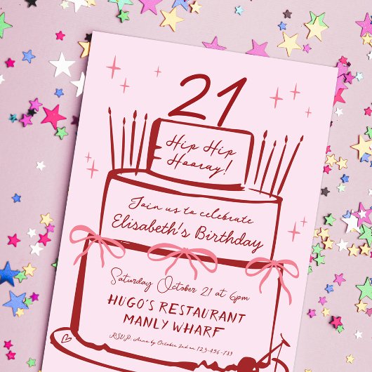 21歳の誕生日招待状 コケット ピンクのリボン パーティーケーキ 招待状