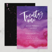21歳の誕生日招待状 ピンク パープル 水彩 招待状 (正面/裏面)