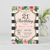 21歳の誕生日招待状。フローラピンク金ゴールドブラック 招待状 (スタンド正面)