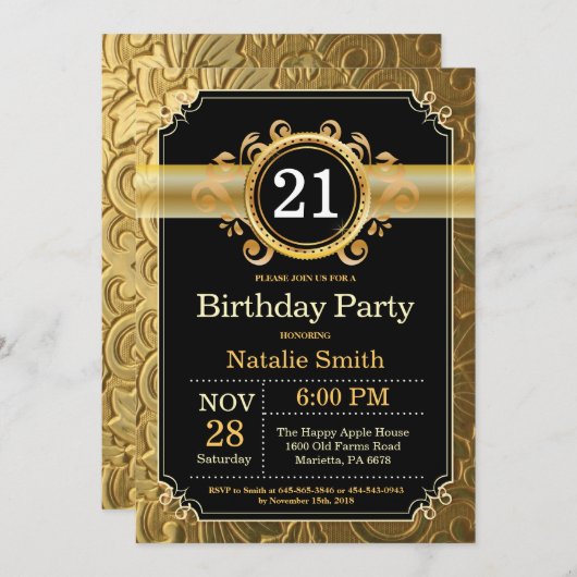 21歳の誕生日招待状 ブラックとゴールドのグリッター 招待状 (正面/裏面)