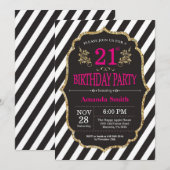 21歳の誕生日招待状。ブラックとゴールドのグリッター 招待状 (正面/裏面)
