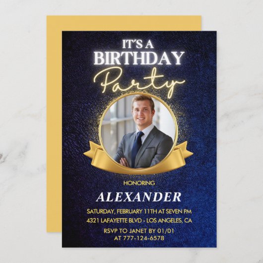 21歳の誕生日招待状 メンズ バッジ フォト ゴールド 招待状 (正面/裏面)