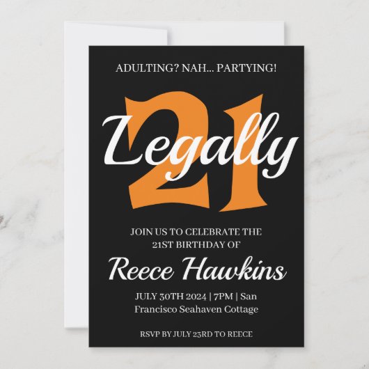 21歳の誕生日招待状 モダン ブラック&ホワイト 招待状 (正面)