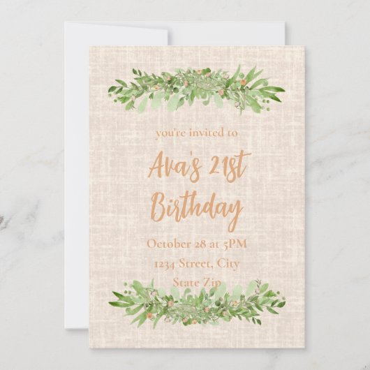 21歳の誕生日招待状 – リネングリーンリー | 二十 招待状 (正面)