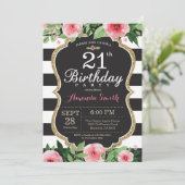 21歳の誕生日招待状 女性 フローラル ゴールド ブラック 招待状 (スタンド正面)