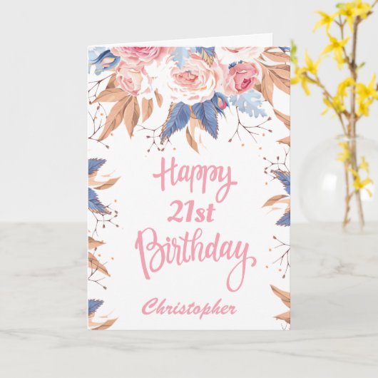 21歳の誕生日水彩植物ピンクフローラ カード (黄色い花)
