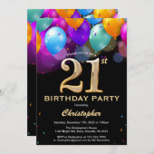21歳の誕生日用の黒と金ゴールドカラフル風船 招待状 (正面/裏面)