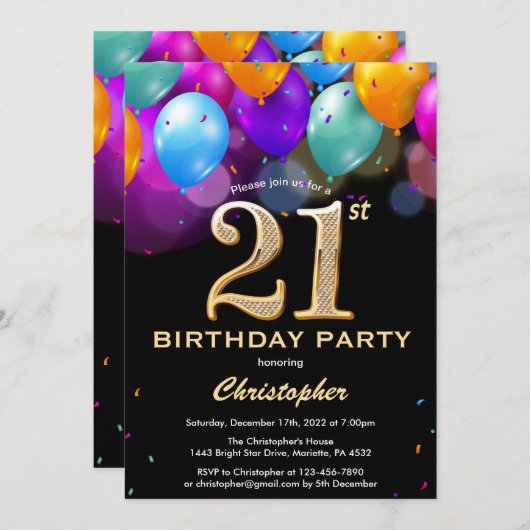 21歳の誕生日用の黒と金ゴールドカラフル風船 招待状 (正面/裏面)