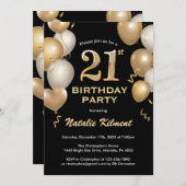 21歳の誕生日用バルーン(黒と金ゴールドグリッター) 招待状 (正面/裏面)