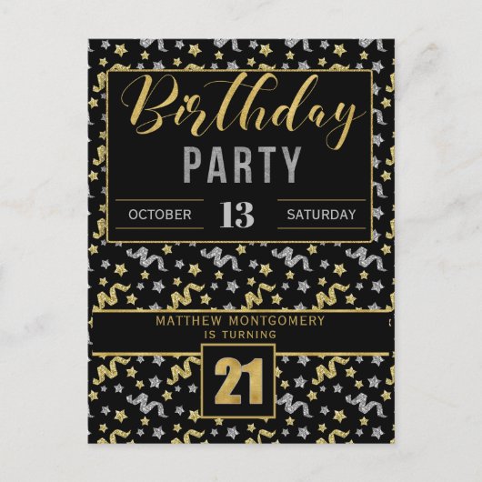 21歳の誕生日紙吹雪(ブラックと金ゴールド) インビテーションポストカード (正面)