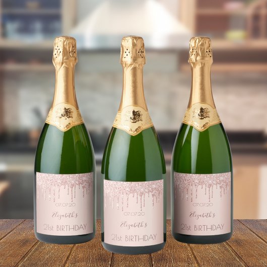 21歳の誕生日赤面バラ金ゴールドグリッタードライブ名 スパークリングワインラベル