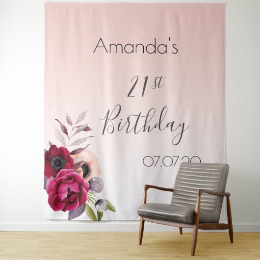 21歳の誕生日赤面バラ金ゴールド花模様ブルゴーニュ タペストリー (インサイチュ)