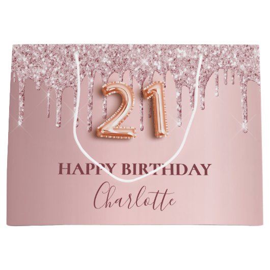 21歳の誕生日赤面ピンクグリッタードリップモノグラム ラージペーパーバッグ (正面)