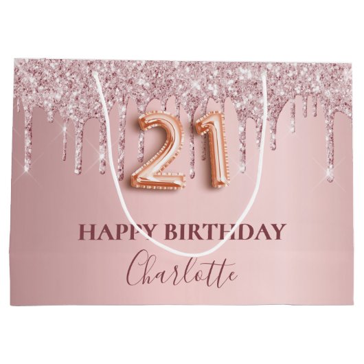 21歳の誕生日赤面ピンクグリッタードリップモノグラム ラージペーパーバッグ (裏面)
