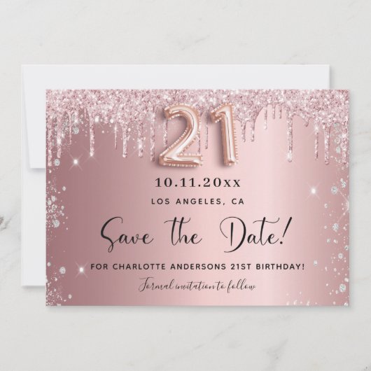 21歳の誕生日赤面ピンクシルバー日付を保存 セーブザデート (正面)