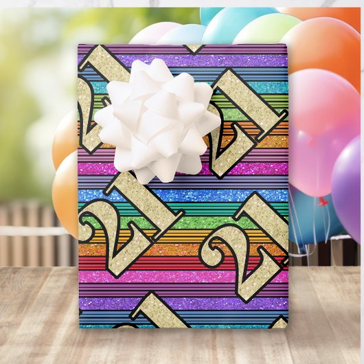 21歳の誕生日金ゴールドナンバーズグリッターレインボーストライプ ラッピングペーパーシート